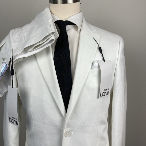 BAR III Men's Suit Slim Fit 2-Pc White Linen Blend 38R Jacket 32x30 Pants F03383 - Picture 3 of 14